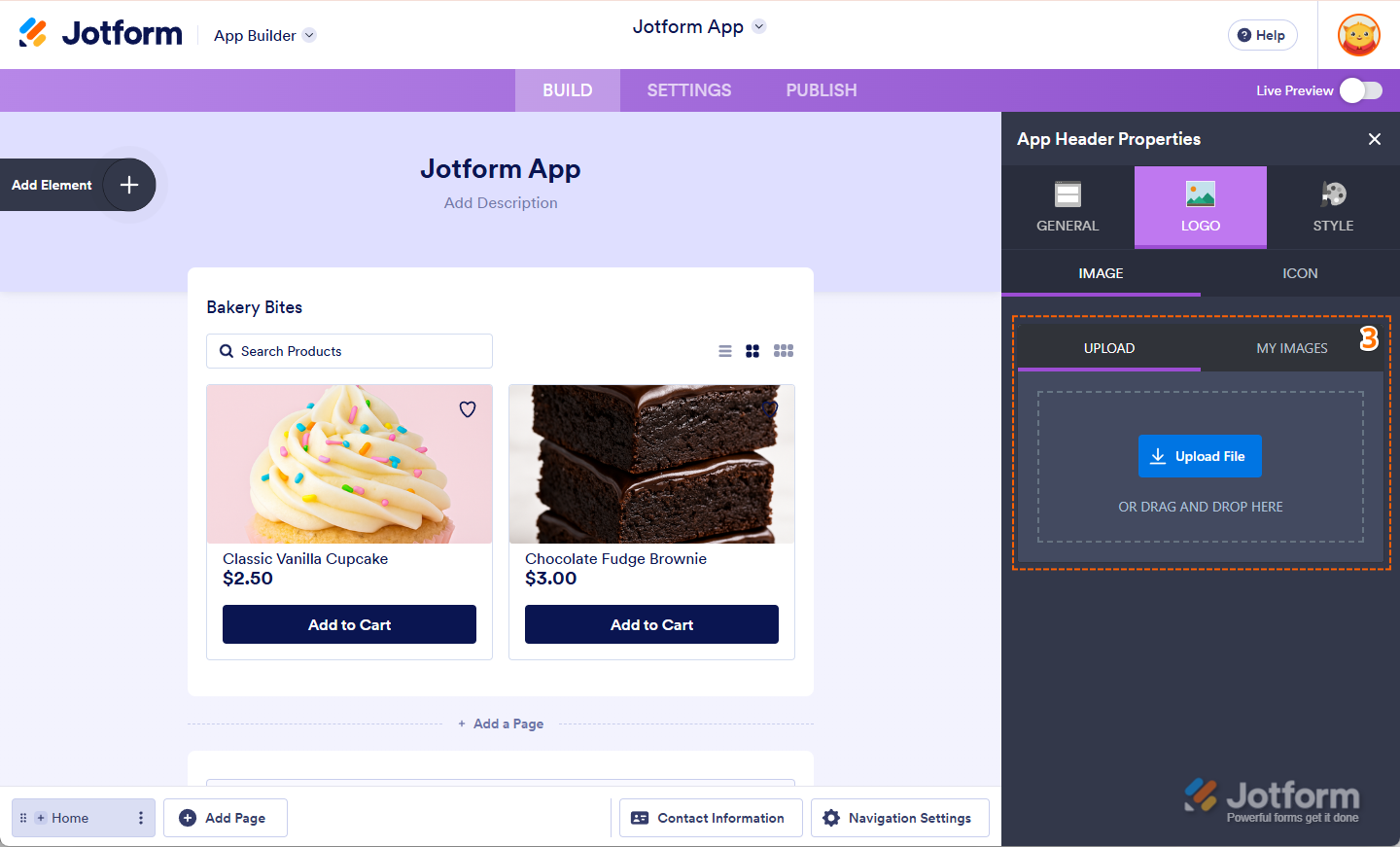 Uploading a new image or selecting from previously uploaded images in the Logo tab in Jotform