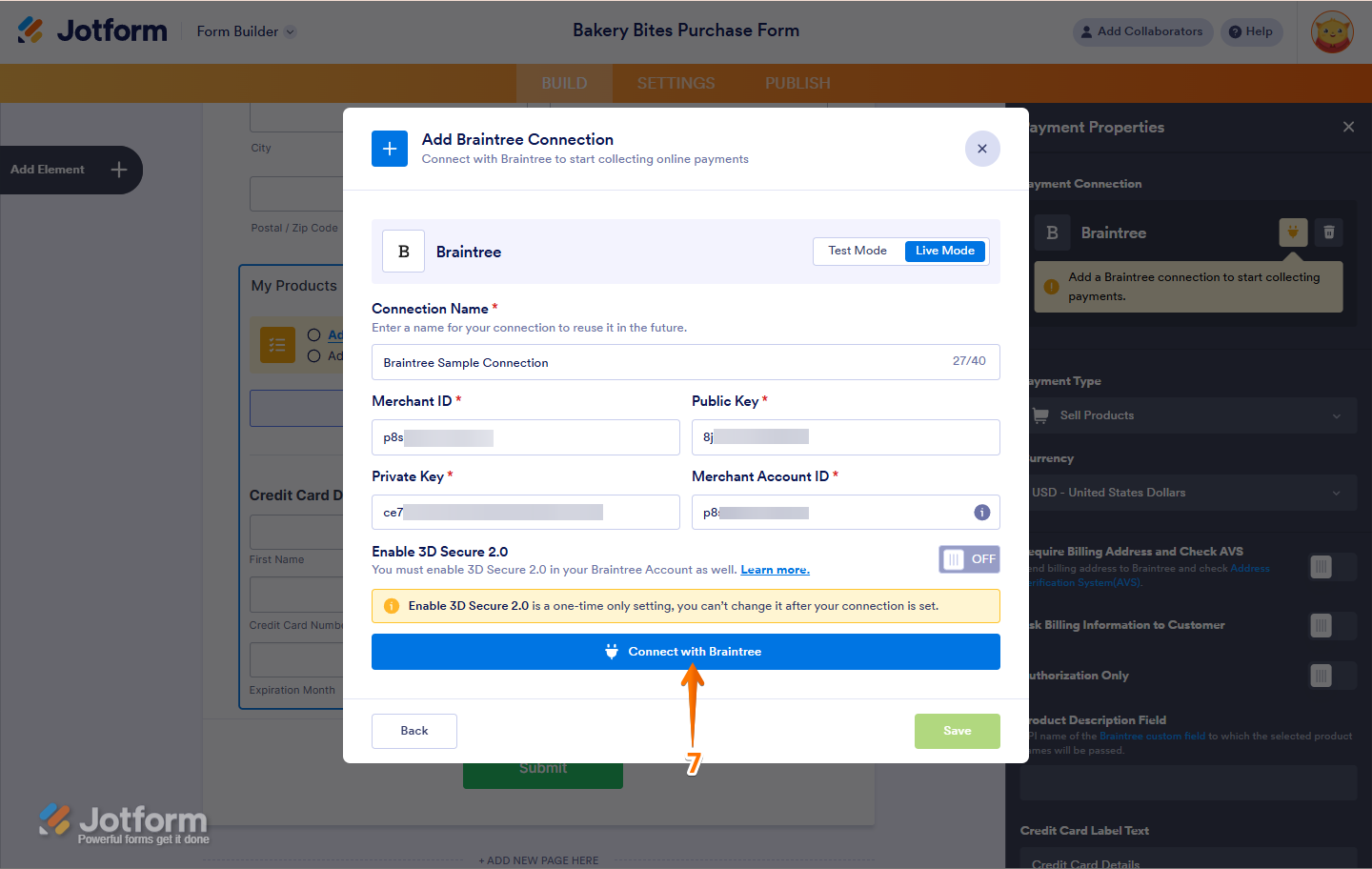 Click Connect With Braintree to link your payment account in Jotform