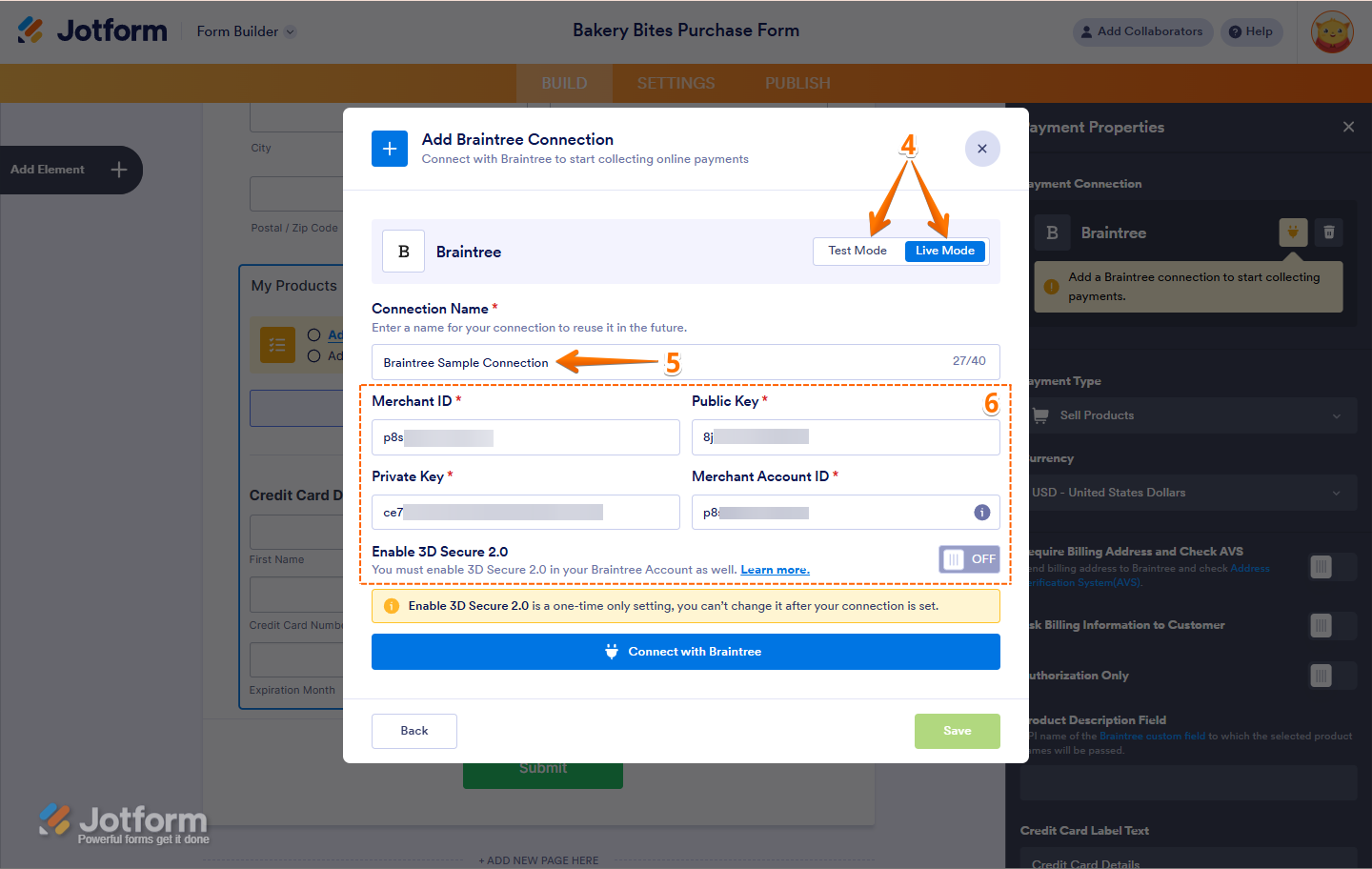 Add Braintree connection by entering merchant credentials in Jotform