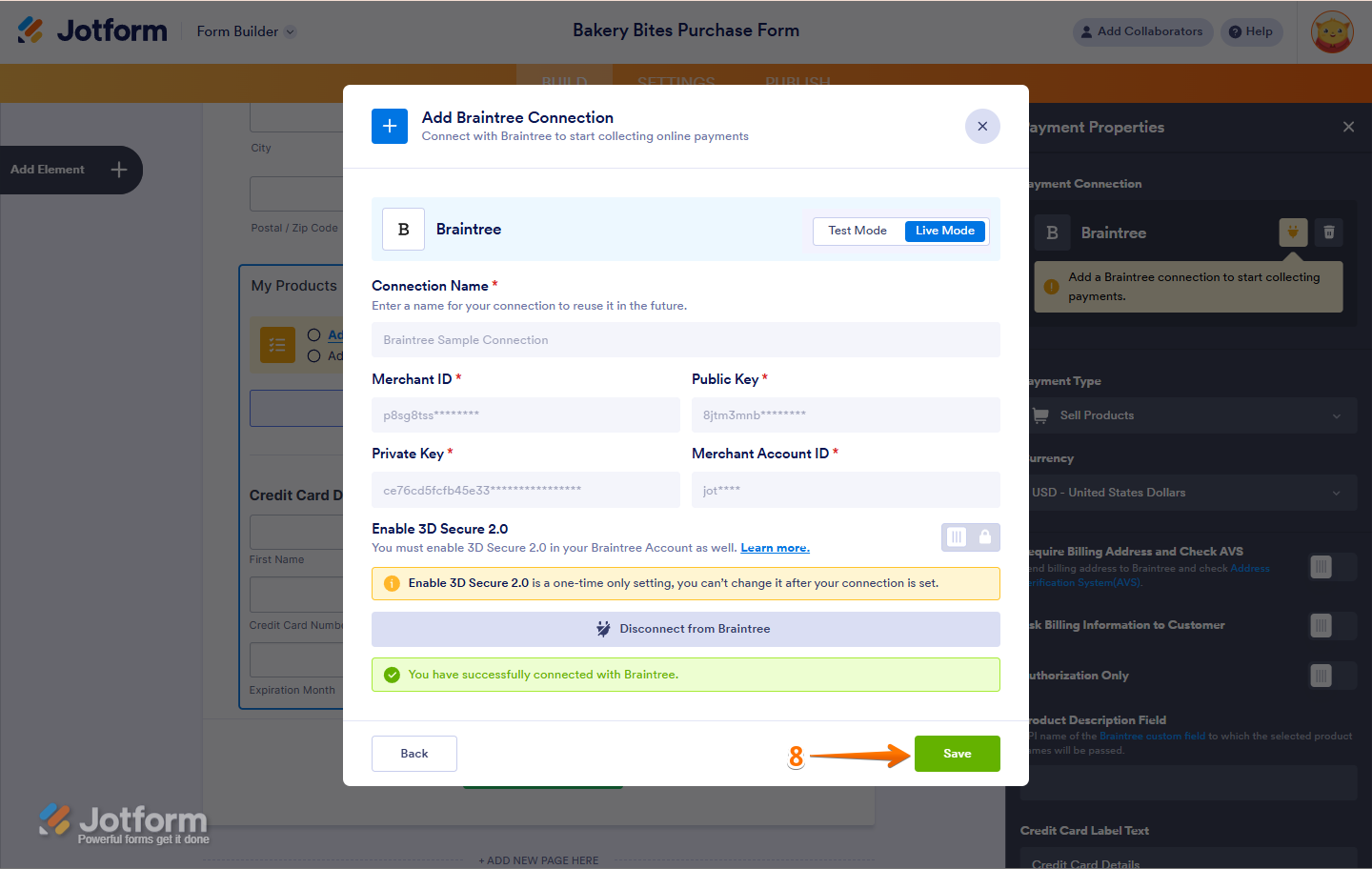 Click Save to add the reusable Braintree payment connection in Jotform