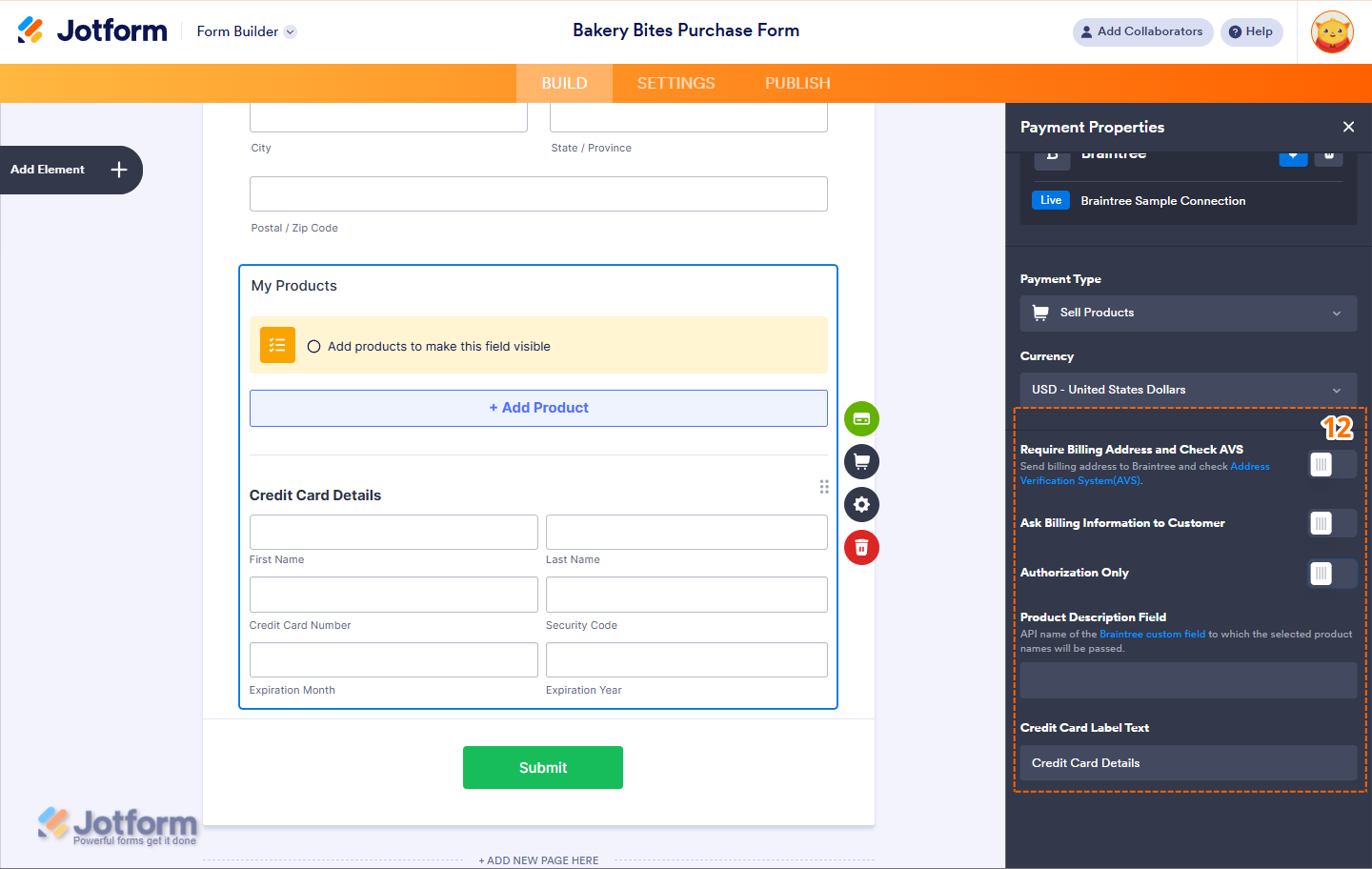 Configure payment options like billing address, AVS, and card authorization in Jotform