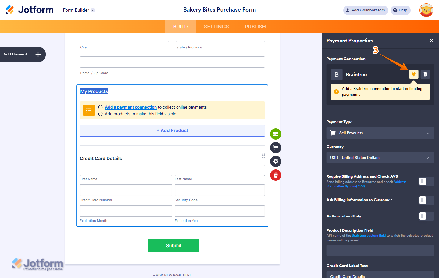 Click the Plug icon in the Payment Properties to open Braintree settings in Jotform