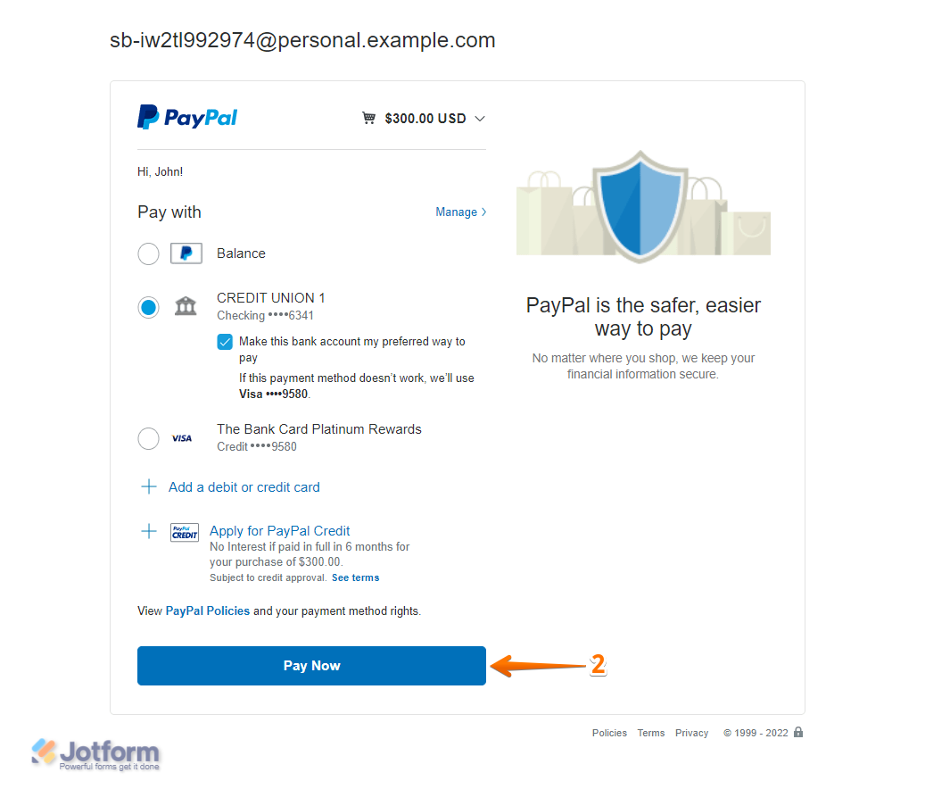 Completing the payment by clicking Pay Now button on PayPal page after choosing payment method in Jotform