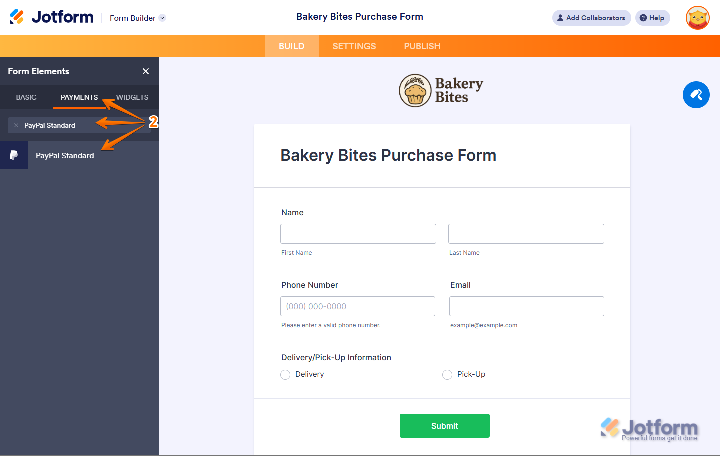 Selecting PayPal Standard from the Payments tab in the Form Elements menu in Jotform