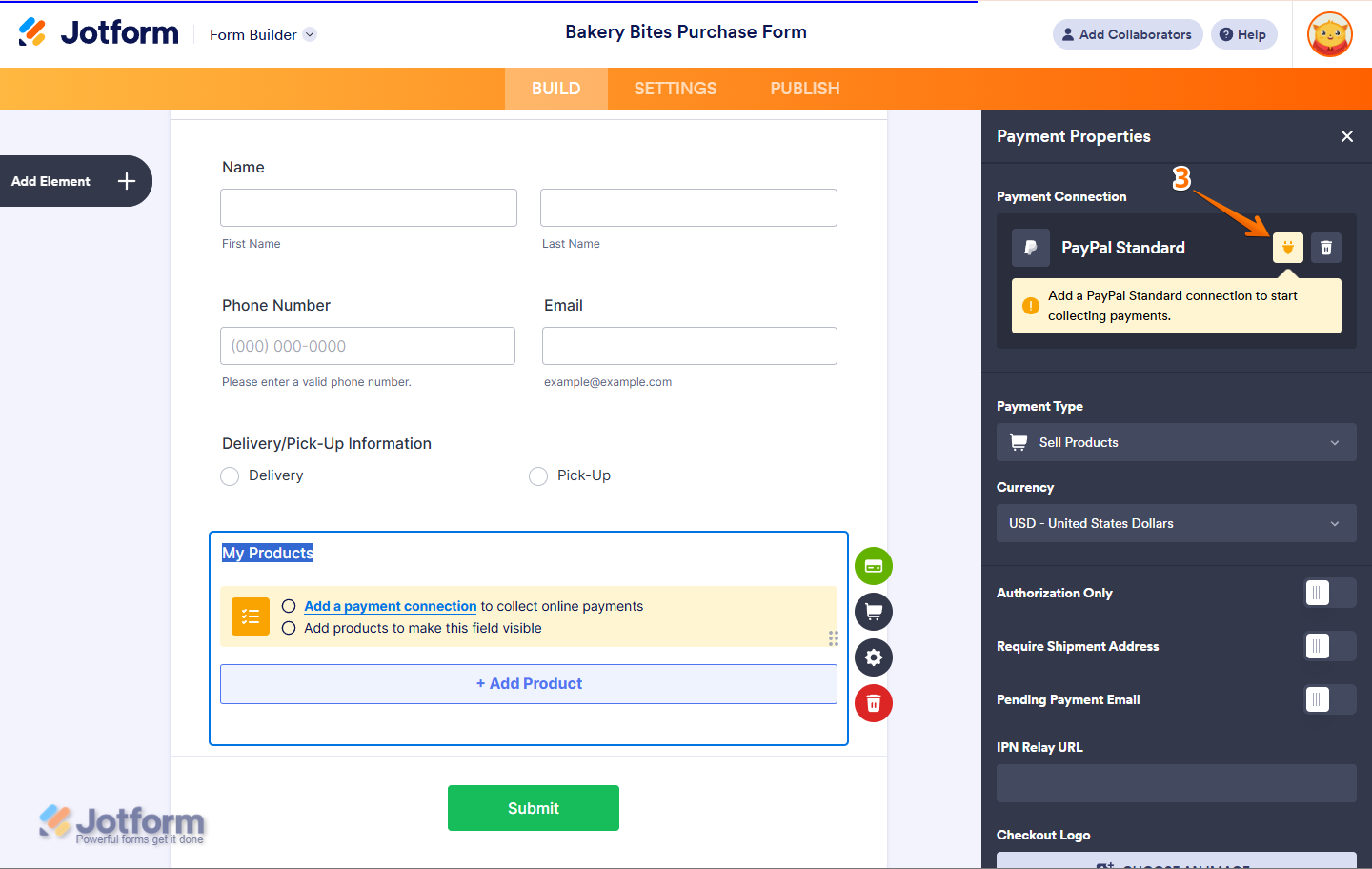 Clicking on the Plug icon in the Payment Properties section to configure PayPal settings in Jotform