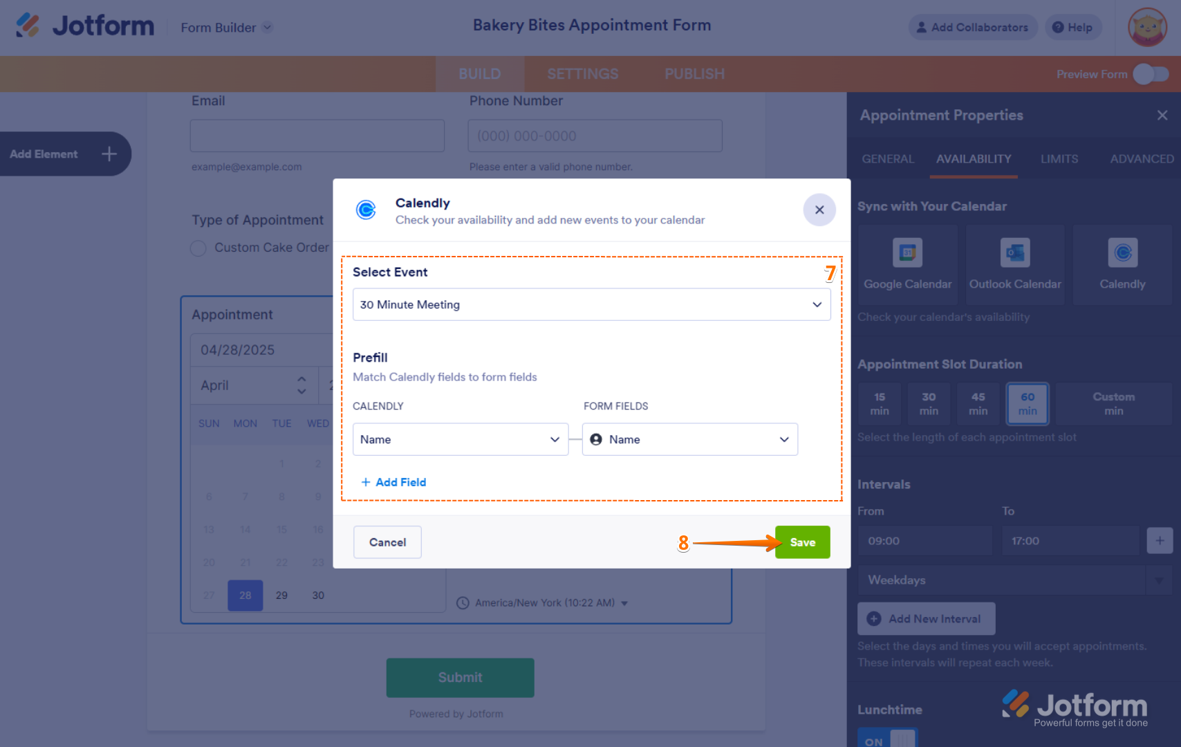 Selecting a calendar event, matching Calendly fields to form fields for prefill, and clicking Save in Jotform.
