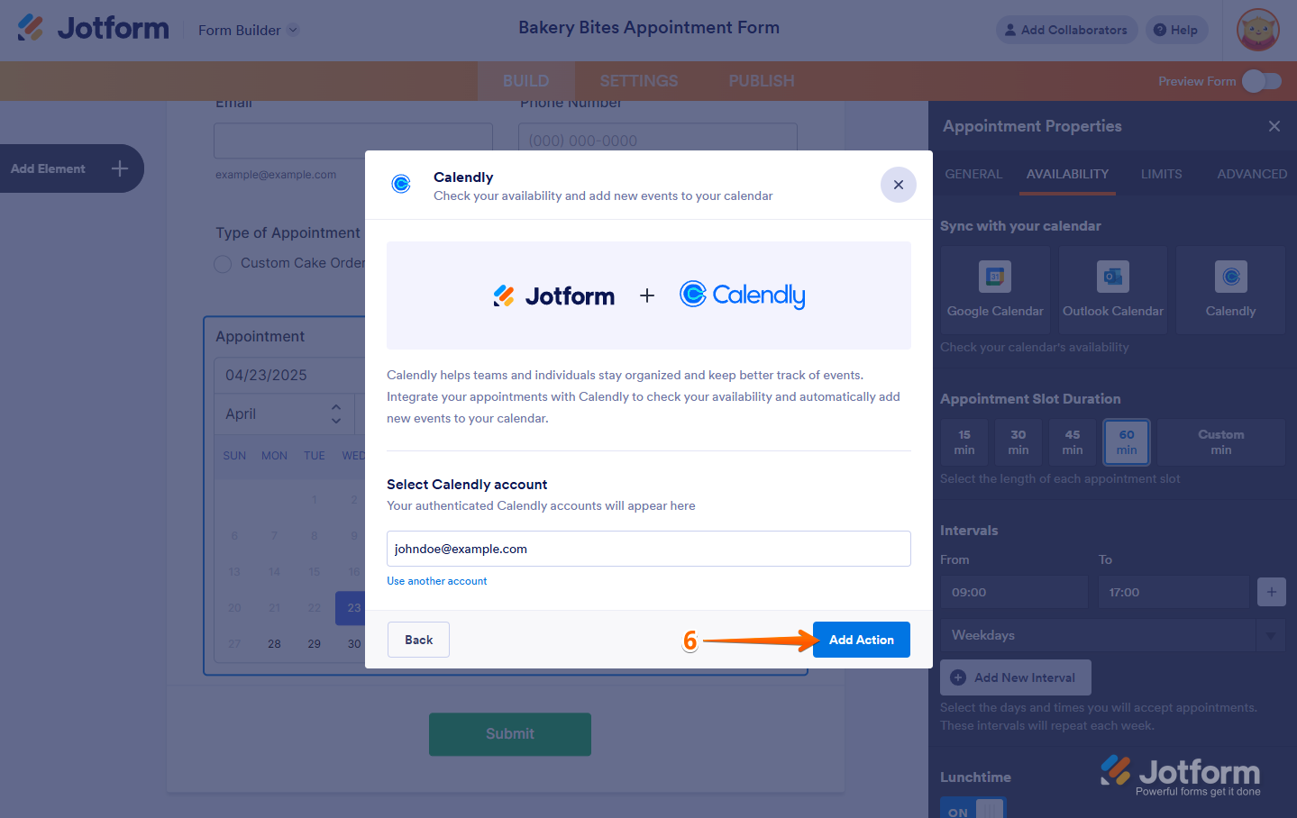 Clicking Add Action button in Jotform