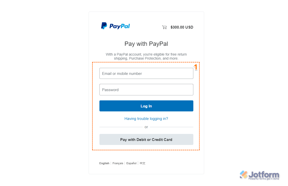 Customer redirected to PayPal payment page after form submission, with options to pay via PayPal or credit card in Jotform