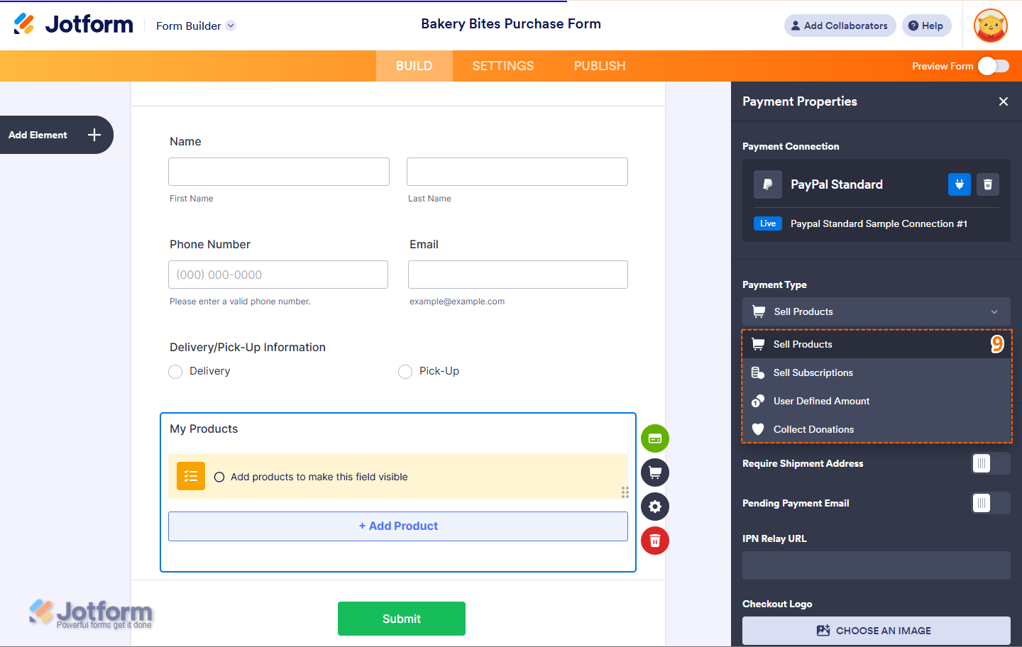 Selecting payment type from the dropdown menu in PayPal Standard settings in Jotform