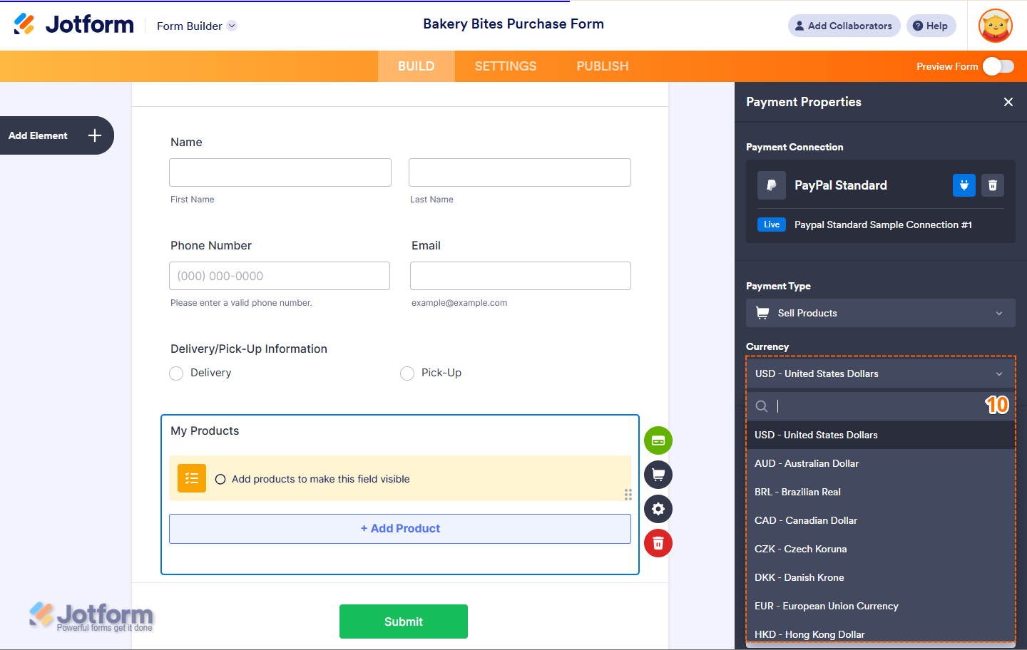 Selecting currency from the dropdown menu in PayPal Standard settings in Jotform