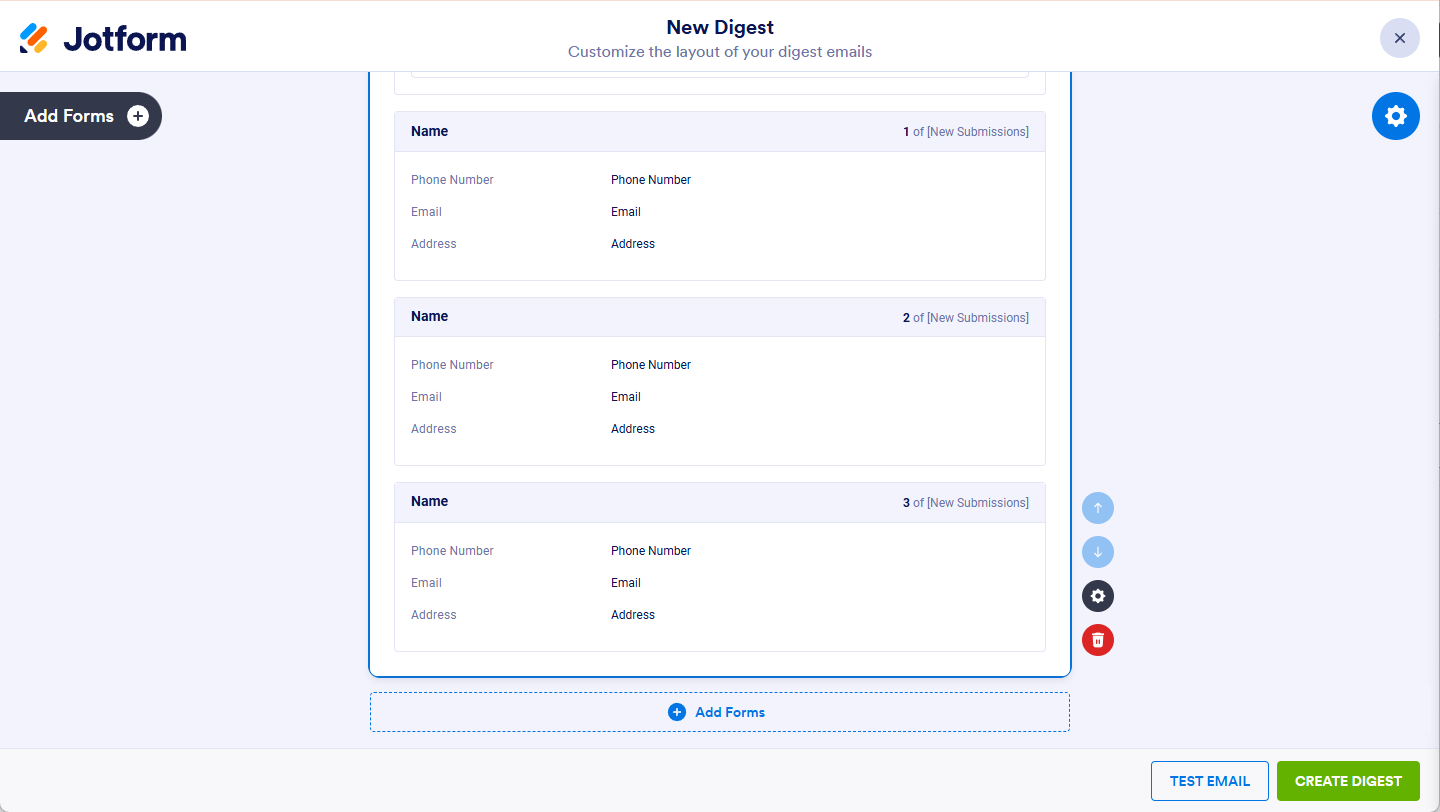 Clicking Add Forms on the top-left or bottom of the Personalize page in Digest Email settings in Jotform