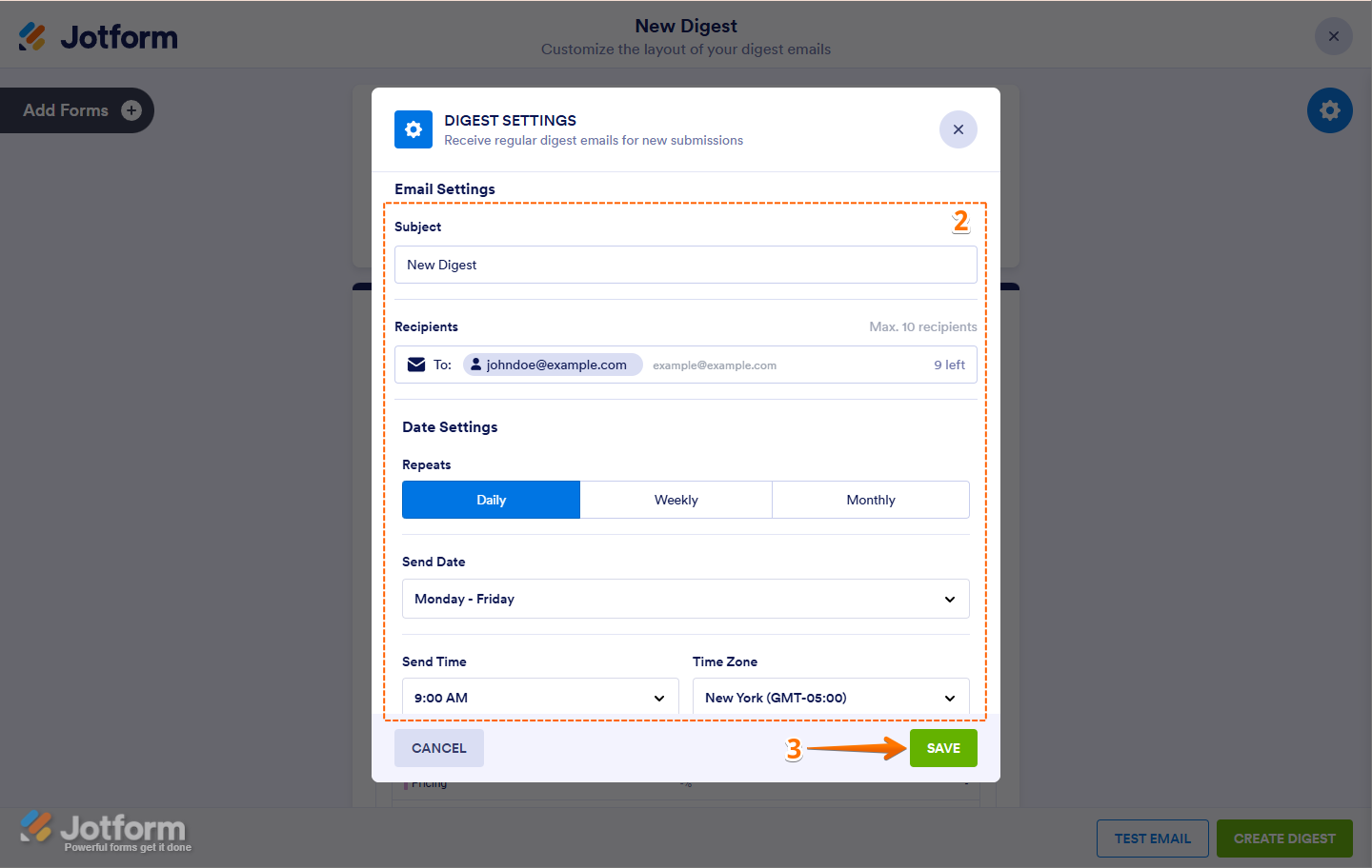 Configuring subject, recipients, schedule, and time zone in global Digest Email settings window in Jotform