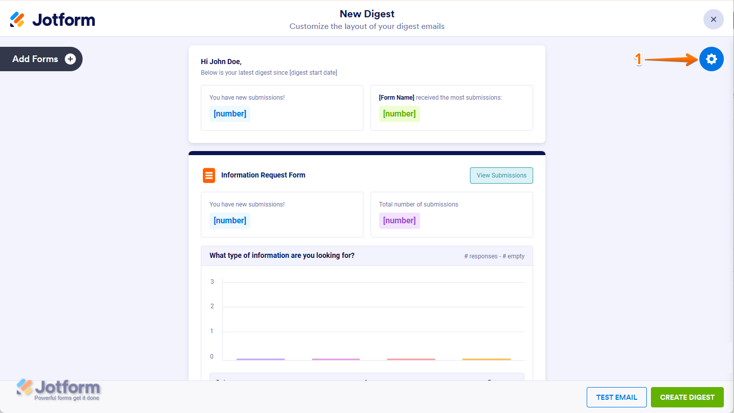 Clicking the gear icon on the top-right of the Personalize page to access global Digest Email settings in Jotform
