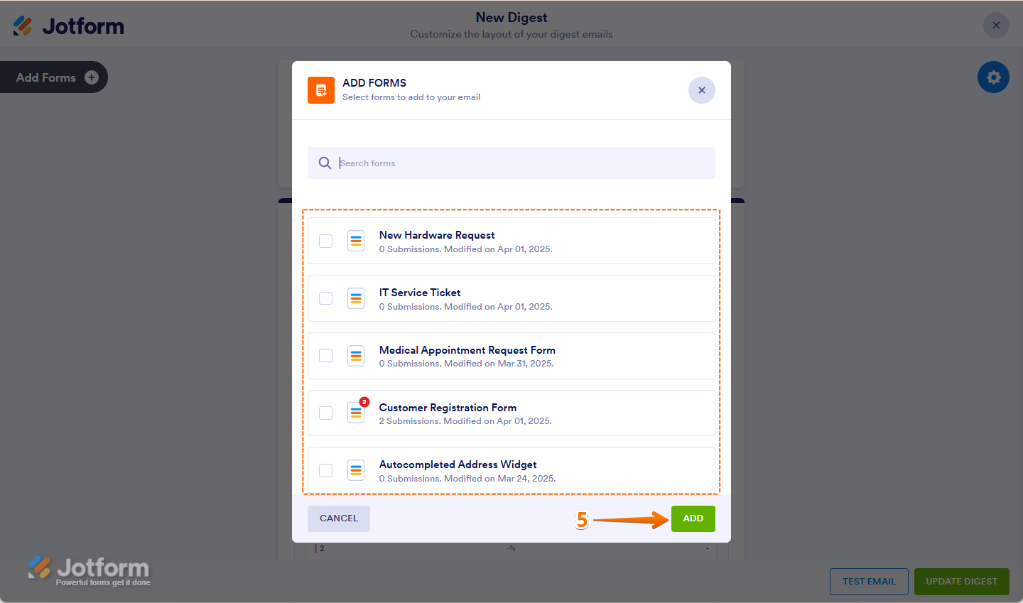 In the Add Forms window, select a form and click Add to attach it to your report in Jotform