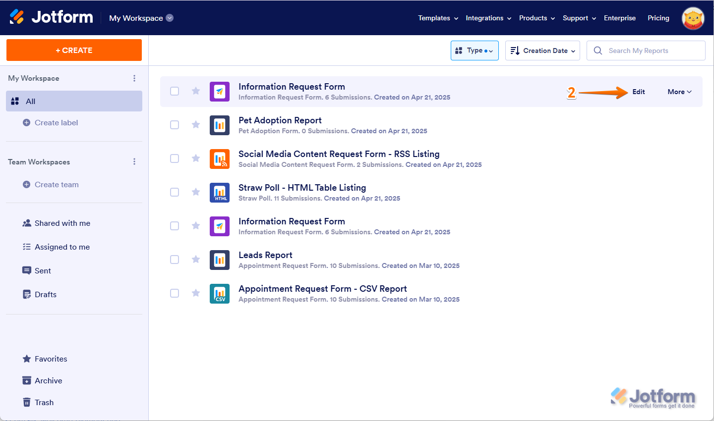 Hover over a report in My Workspace and click Edit on the right to start editing your report in Jotform