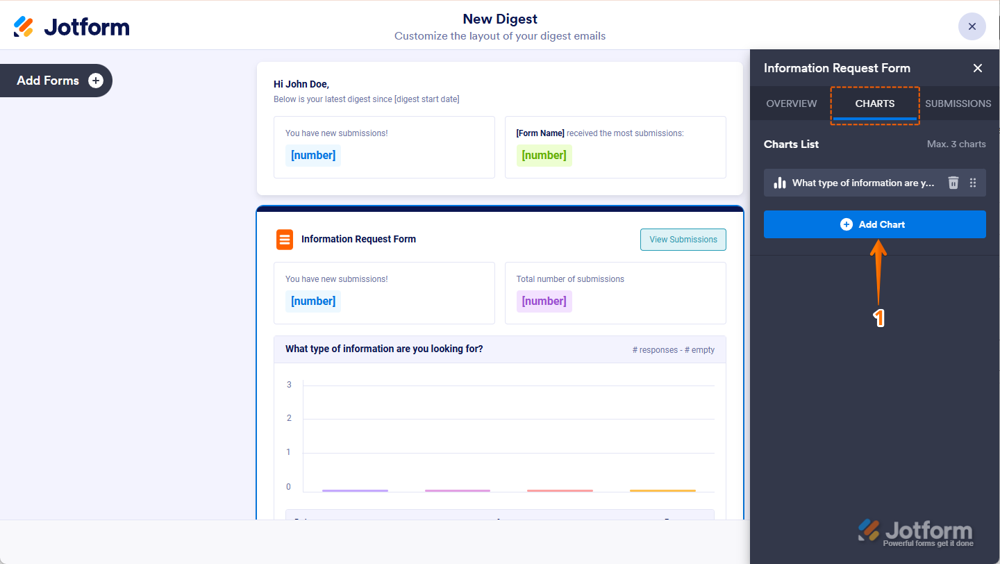 Clicking Add Chart under the Charts tab to insert a question field in the Submission Summary settings of Digest Email in Jotform