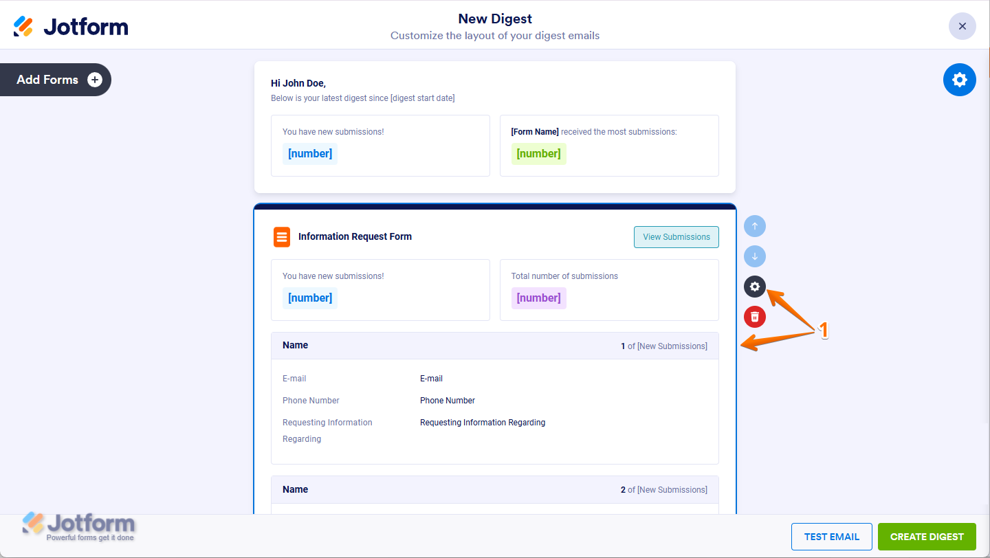 Clicking the gear icon in the Submission Summary section on the Personalize page of Digest Email in Jotform