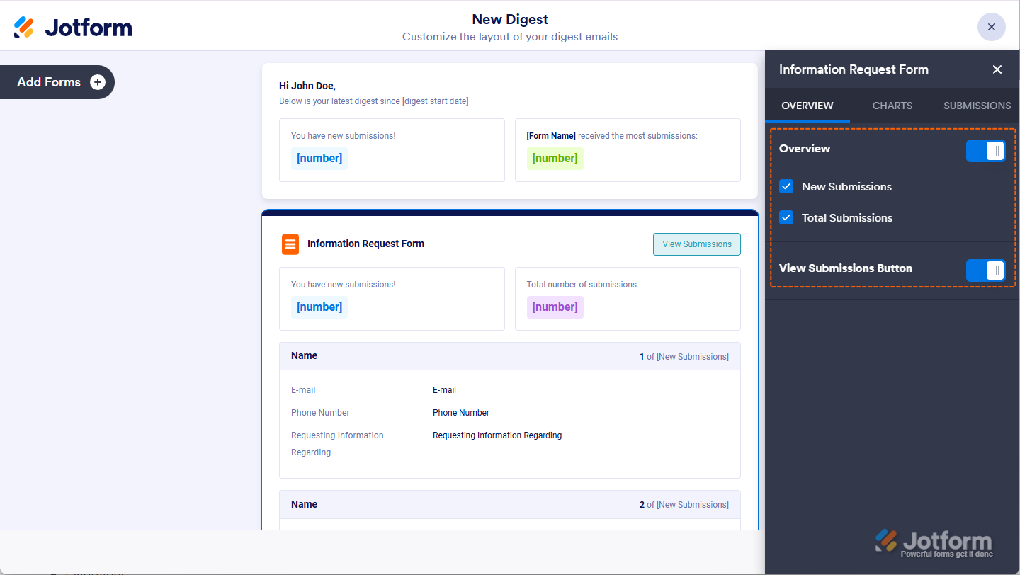 Toggling Overview and View Submissions options under the Overview tab in the Submission Summary settings of Digest Email in Jotform