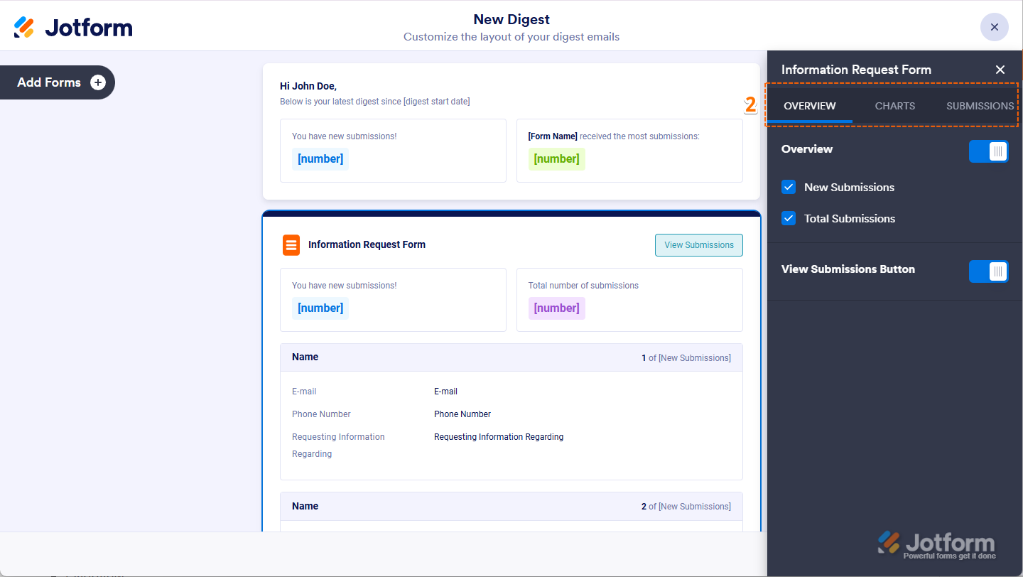 Viewing the Overview, Chart, and Submissions tabs in the Submission Summary settings of Digest Email in Jotform