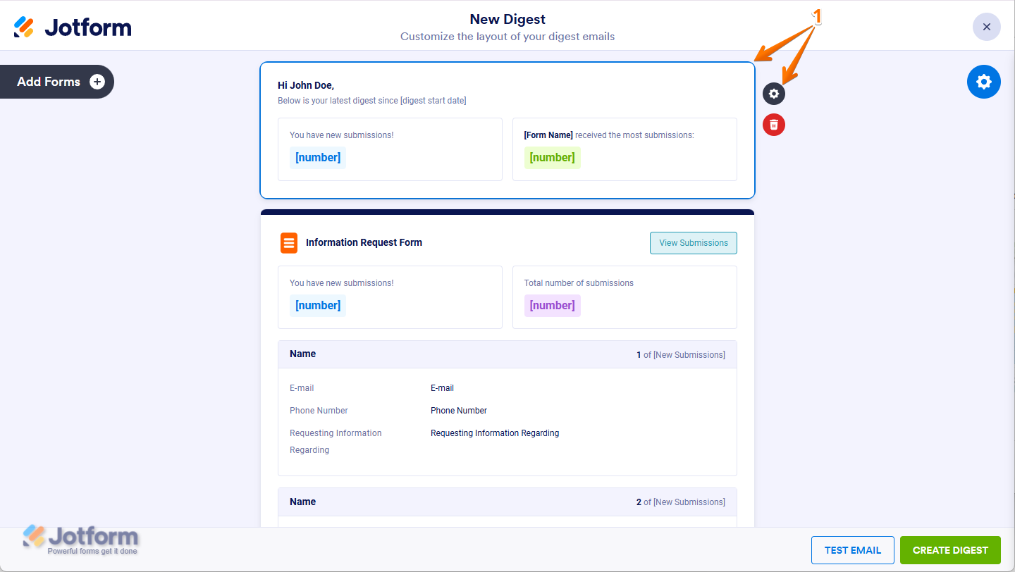 Clicking the gear icon in the Welcome section on the Personalize page of Digest Email in Jotform
