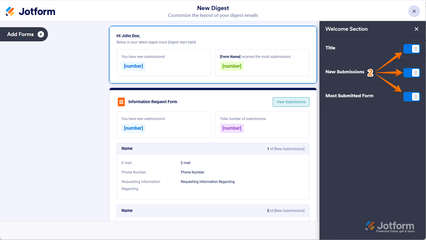 Toggling Title, New Submissions, and Most Submitted Form options in the Welcome section of Digest Email settings in Jotform