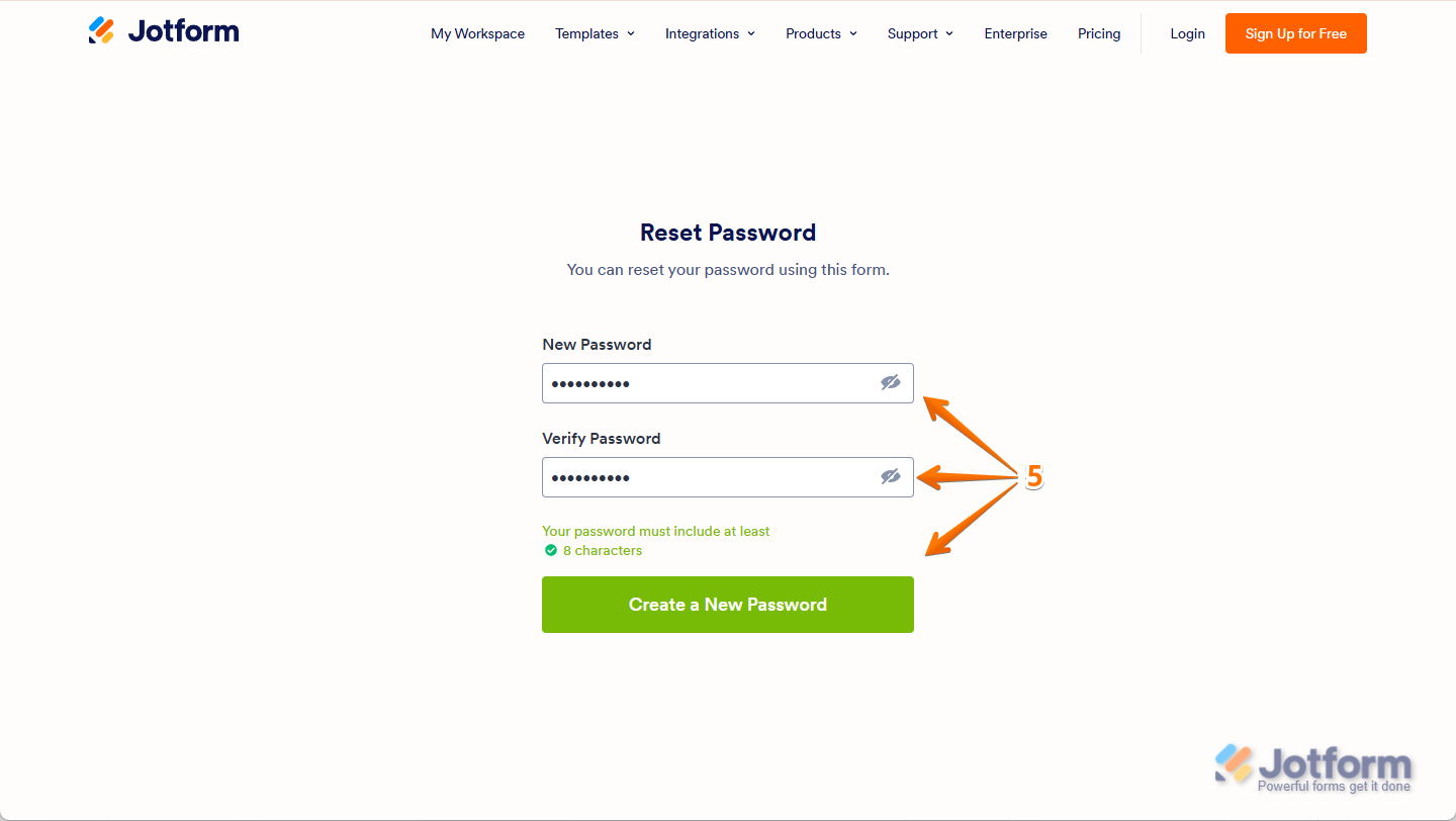 Entering and confirming a new password on Jotform’s reset password page before clicking Create a New Password in Jotform