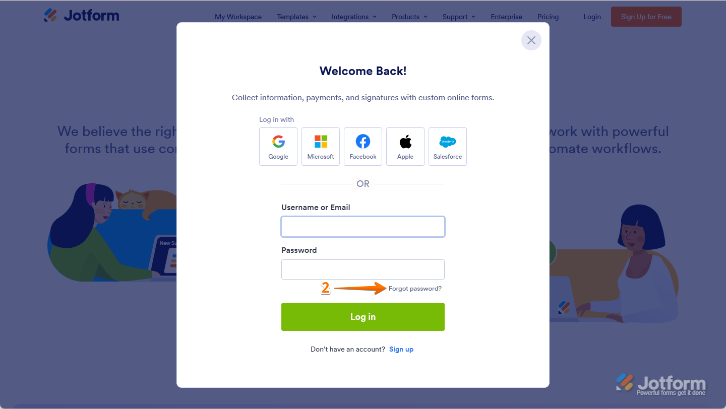 Clicking the Forgot Password link on the Jotform login window to reset account credentials in Jotform