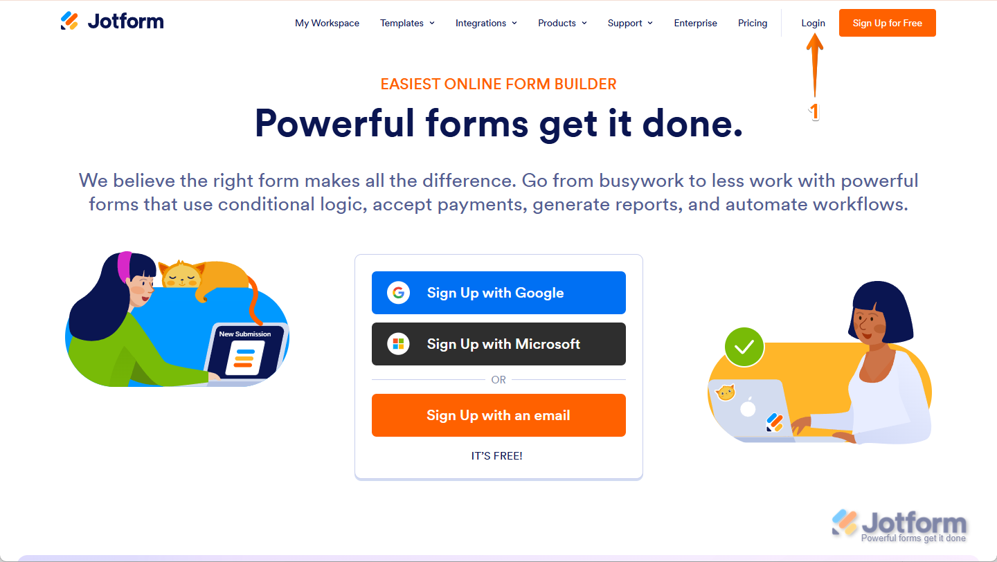 Jotform main page with Login button highlighted in the top-right corner — step to access your account in Jotform