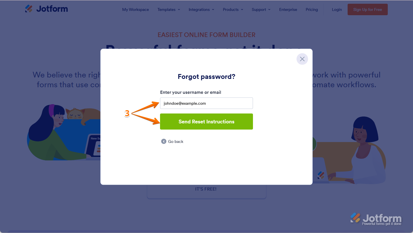 Entering email address and clicking Send Reset Instructions on Jotform’s password recovery page in Jotform