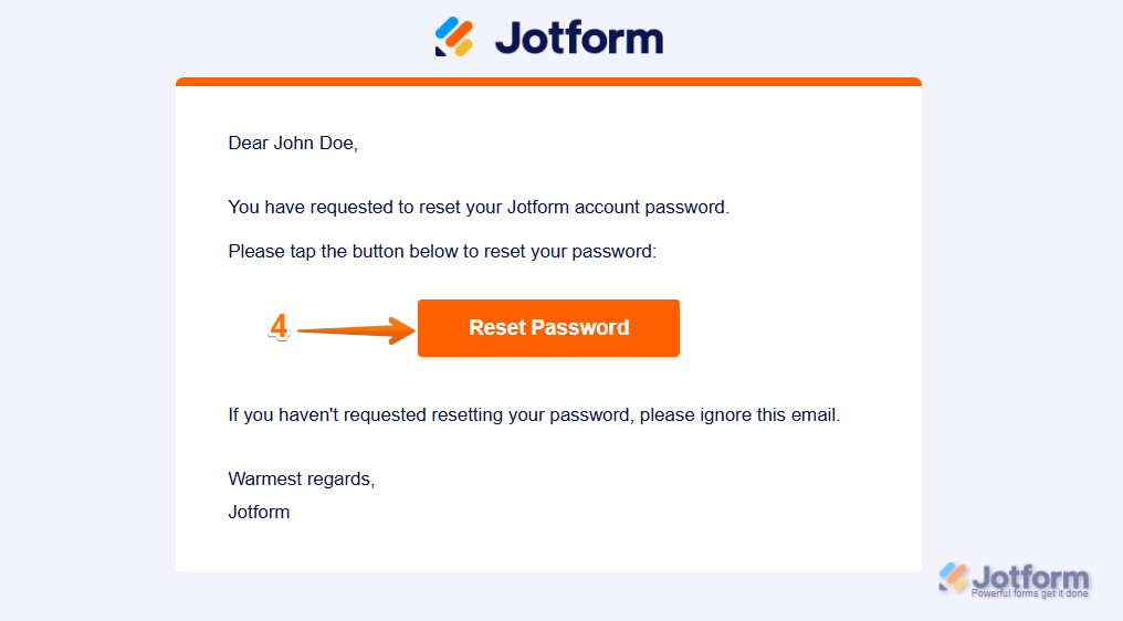 Opening the Jotform password reset email and clicking the Reset Password button to create a new password in Jotform