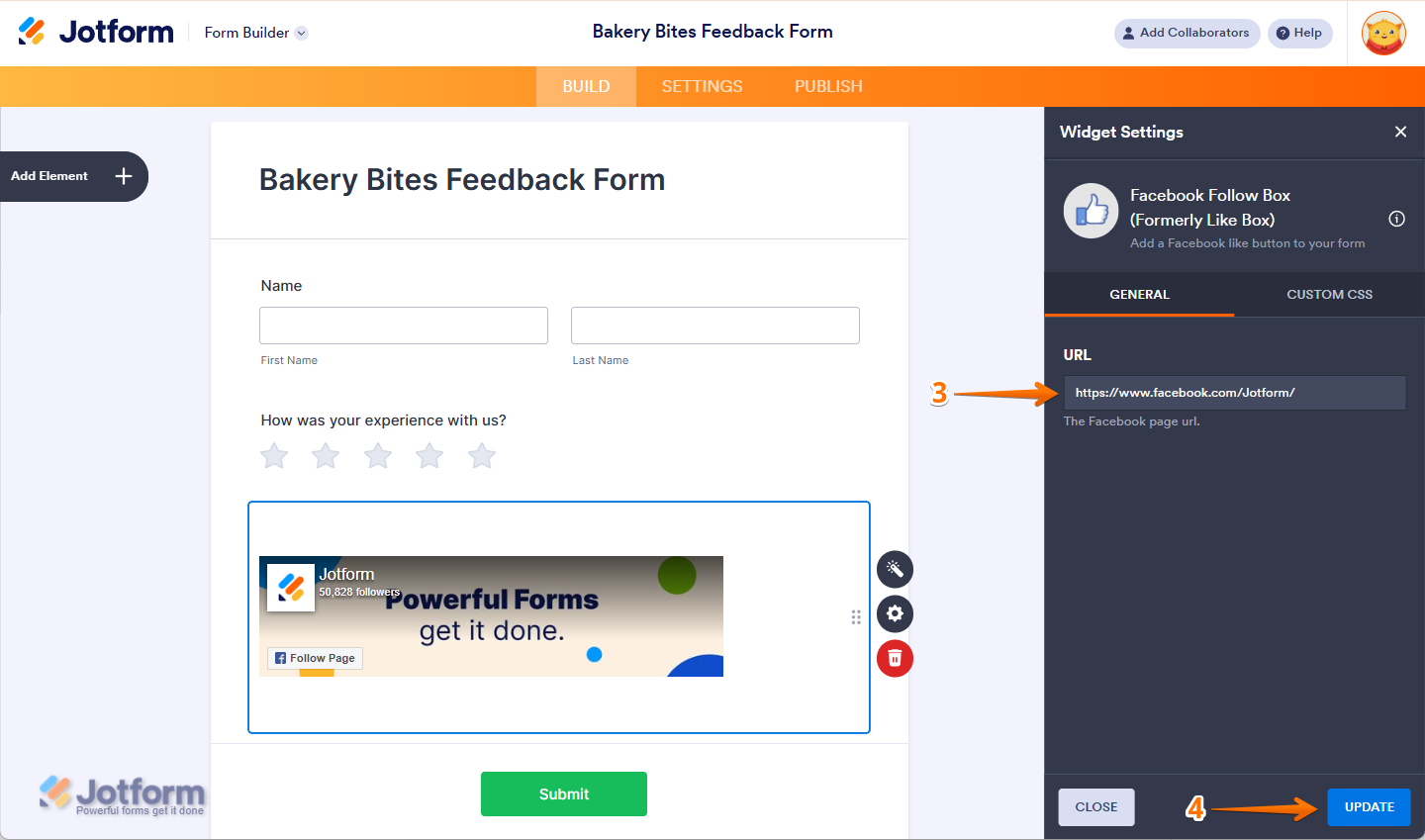 Entering Facebook Page URL in the Widget Settings of Jotform Form Builder for Setting Up Facebook Follow Box Widget in Jotform