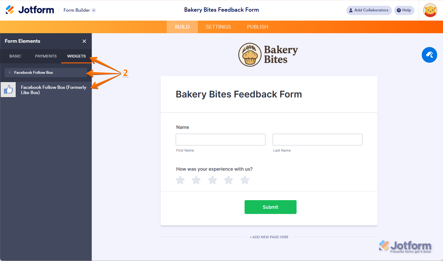 Searching for Facebook Follow Box under the Widgets tab in Jotform Form Builder and adding it to the form for Setting Up Facebook Follow Box Widget in Jotform
