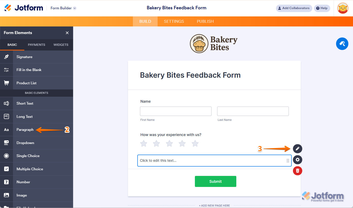 Add Paragraph Element and click Pencil icon in Jotform
