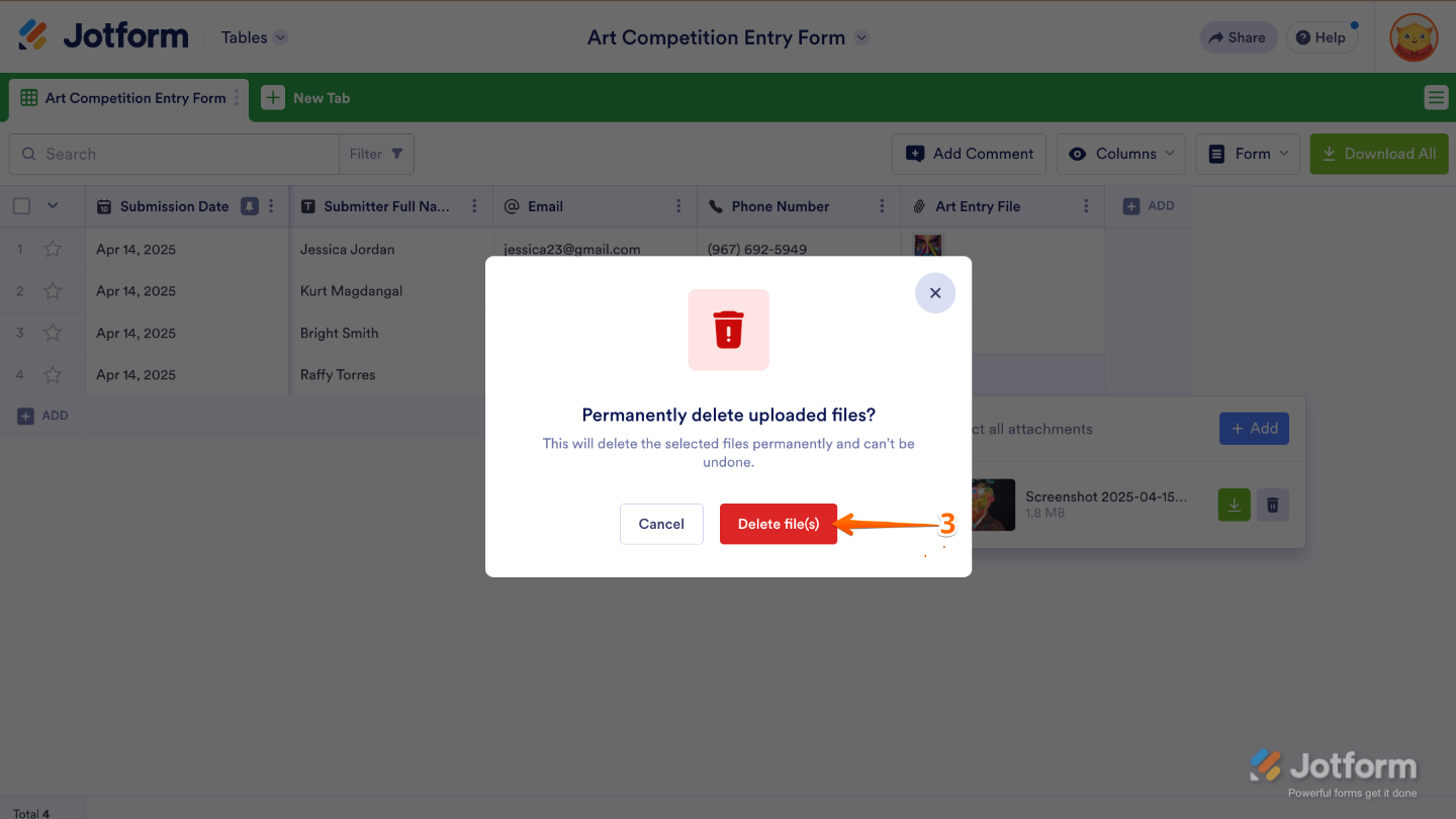 Jotform file deletion confirmation window with the 'Delete File(s)' button