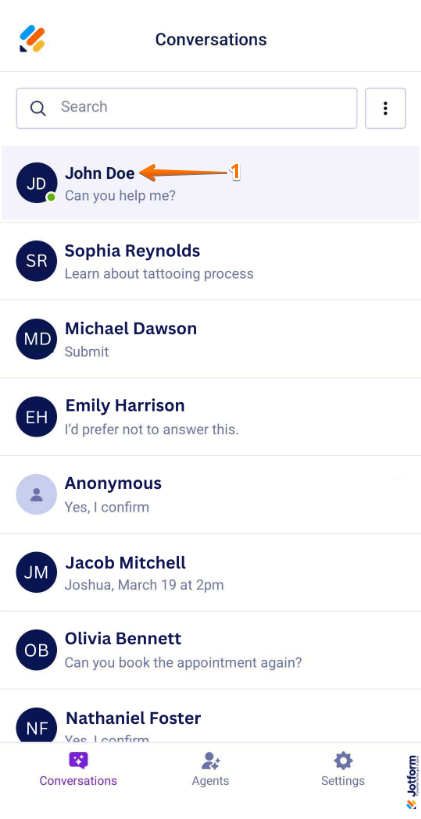 Selecting active conversation in Conversation tab in Jotform AI Agent Mobile App
