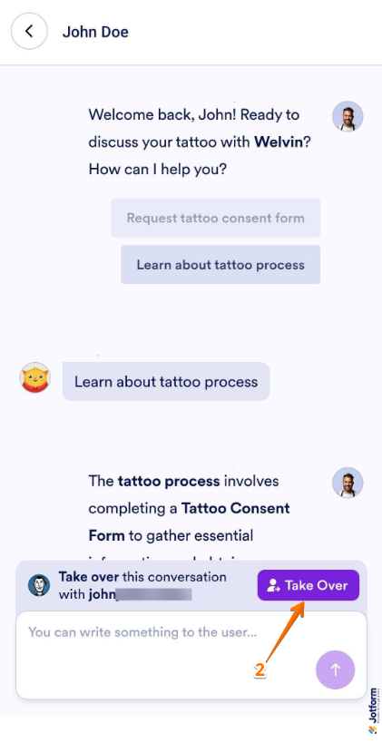 Take Over button in active conversation in Conversation tab in Jotform
