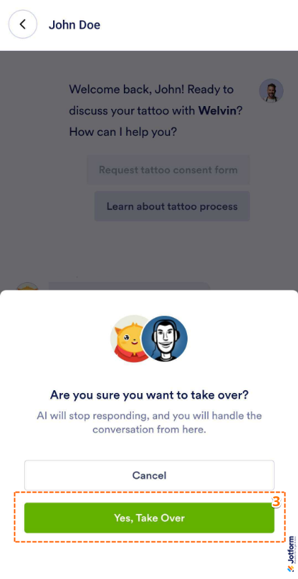 Yes, take over button window in Coversation tab in Jotform AI Agent Mobile App