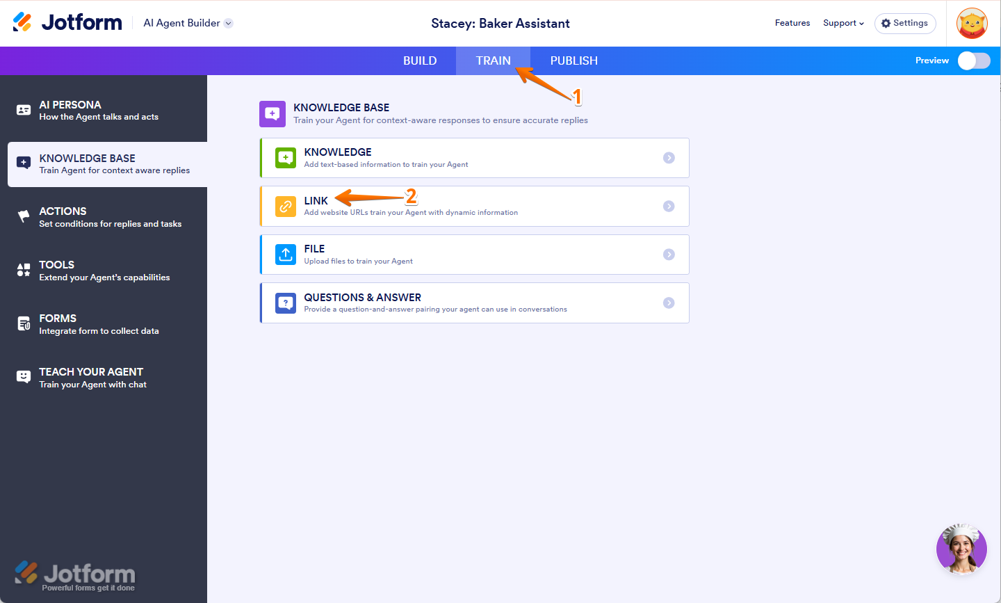 Clicking Train and then Link in the blue navigation bar of Agent Builder in Jotform