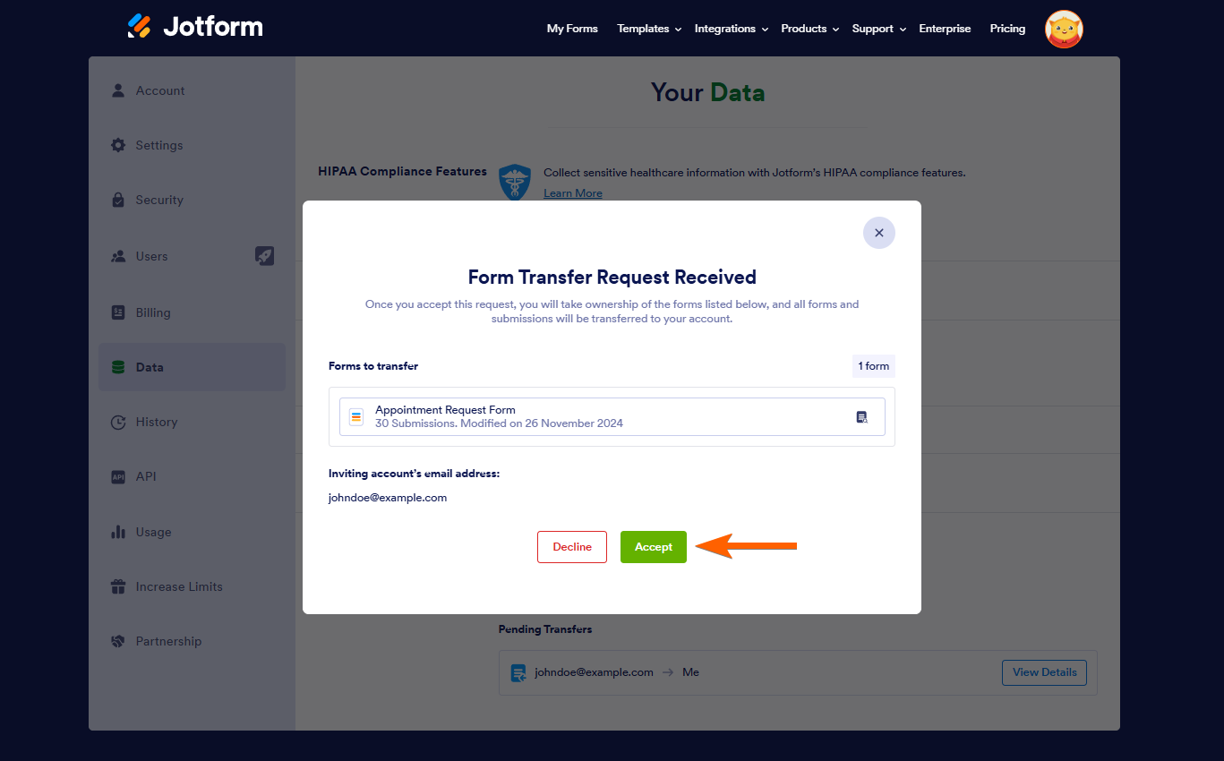 jotform transfer request accept