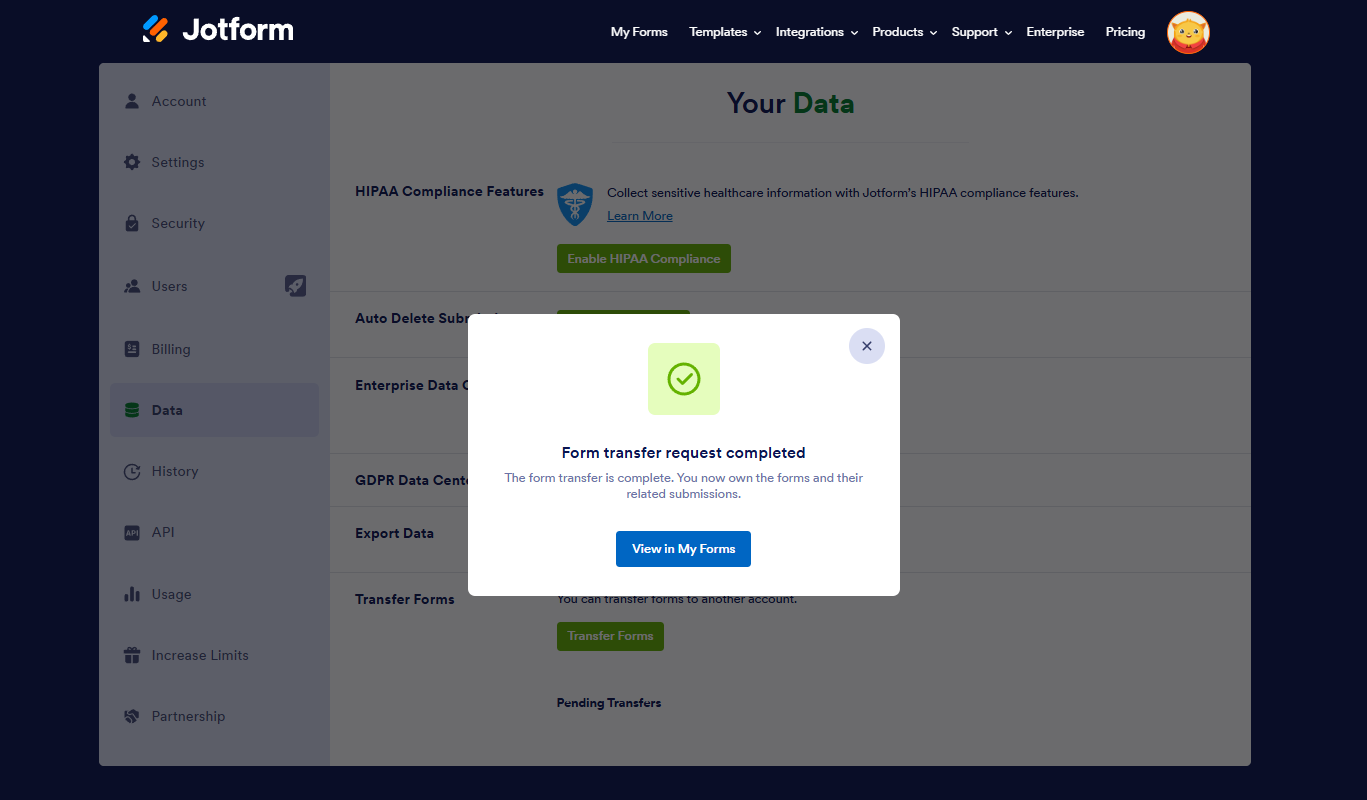 jotform transfer request confirmation