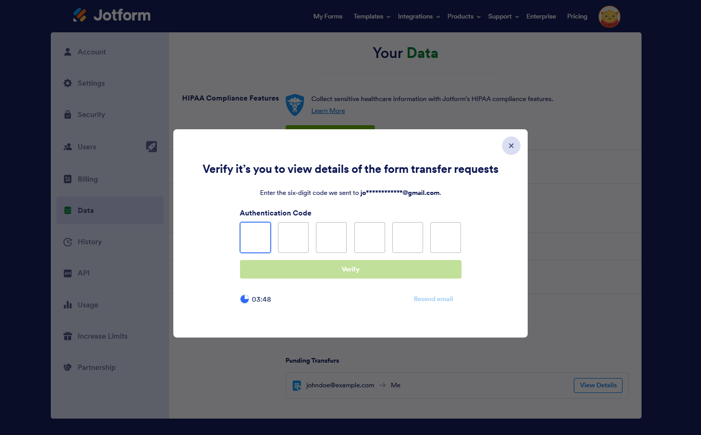 jotform transfer request verification