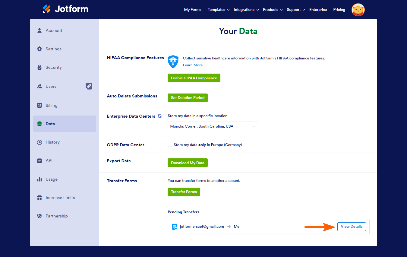 jotform transfer request view details