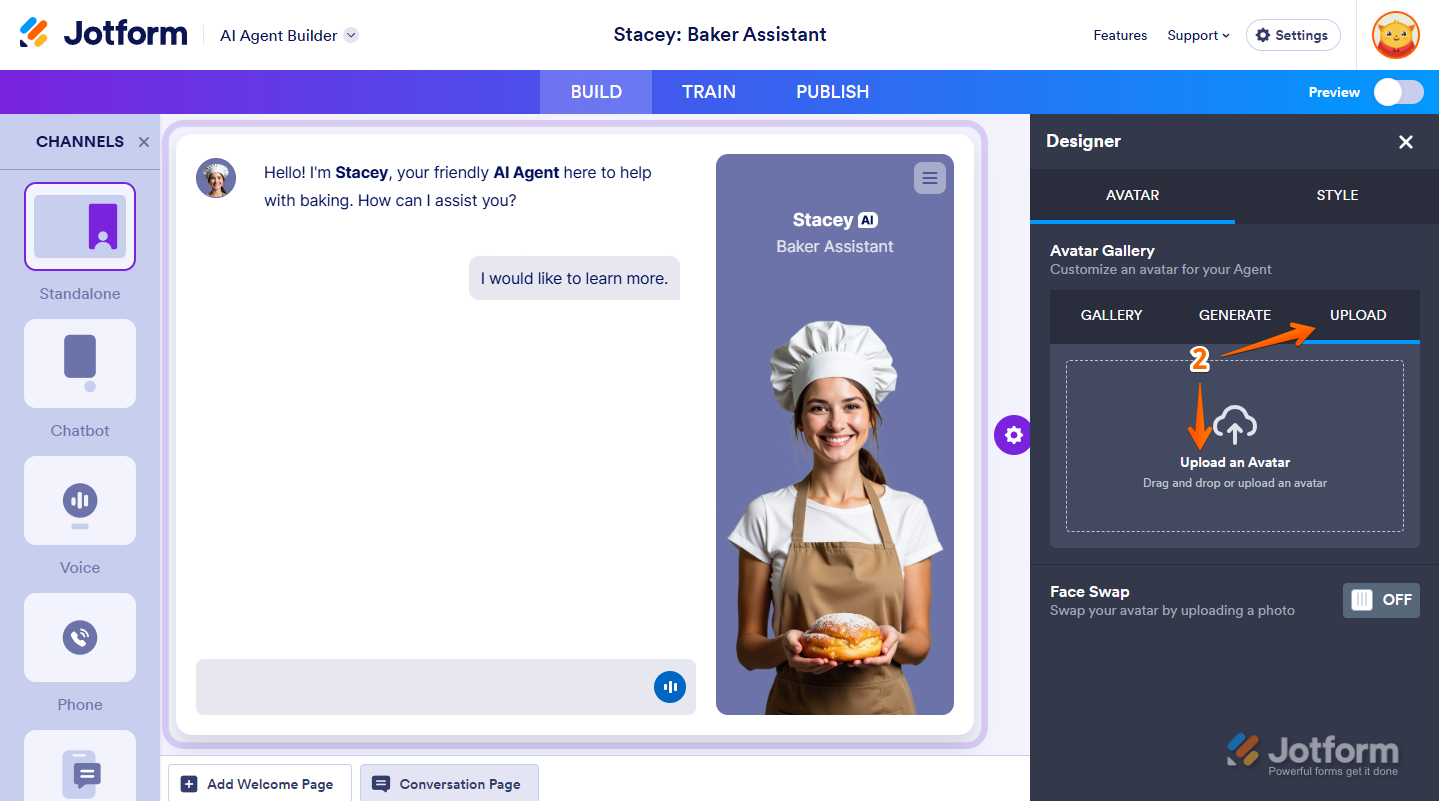 Clicking Upload an Avatar under the Avatar tab to upload your own photo in Jotform
