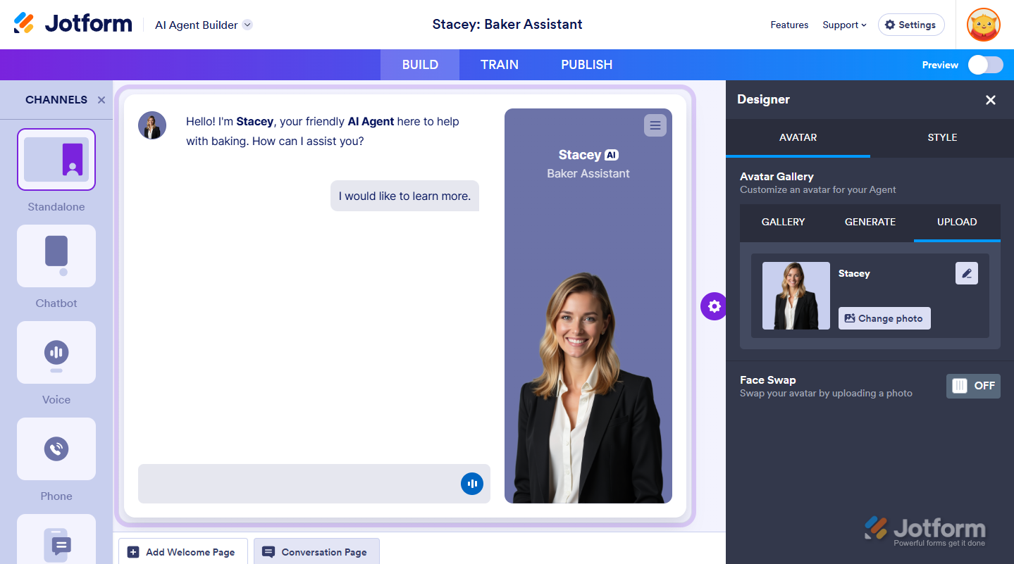 Successfully uploaded your custom photo as the new avatar for your AI Agent in Jotform