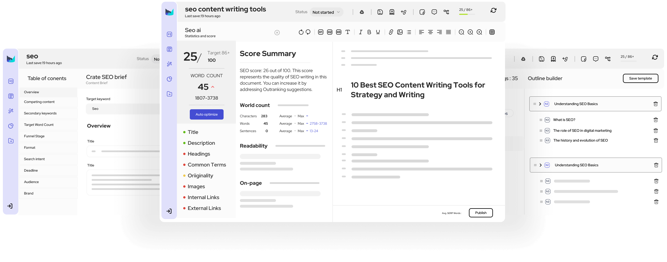 Outranking (SEO Writer Plan) user interface pages