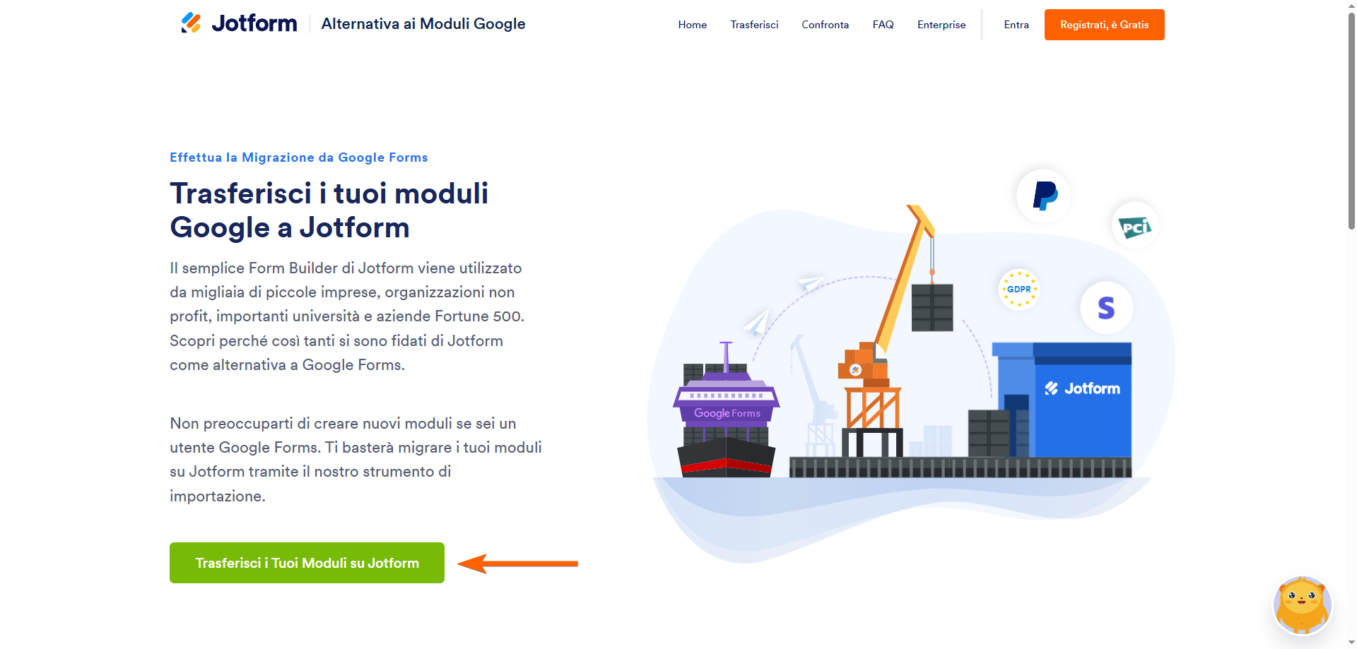 Screenshot dello strumento di importazione dei moduli Google su Jotform con una freccia che punta al pulsante "Trasferisci i Tuoi Moduli su Jotform"