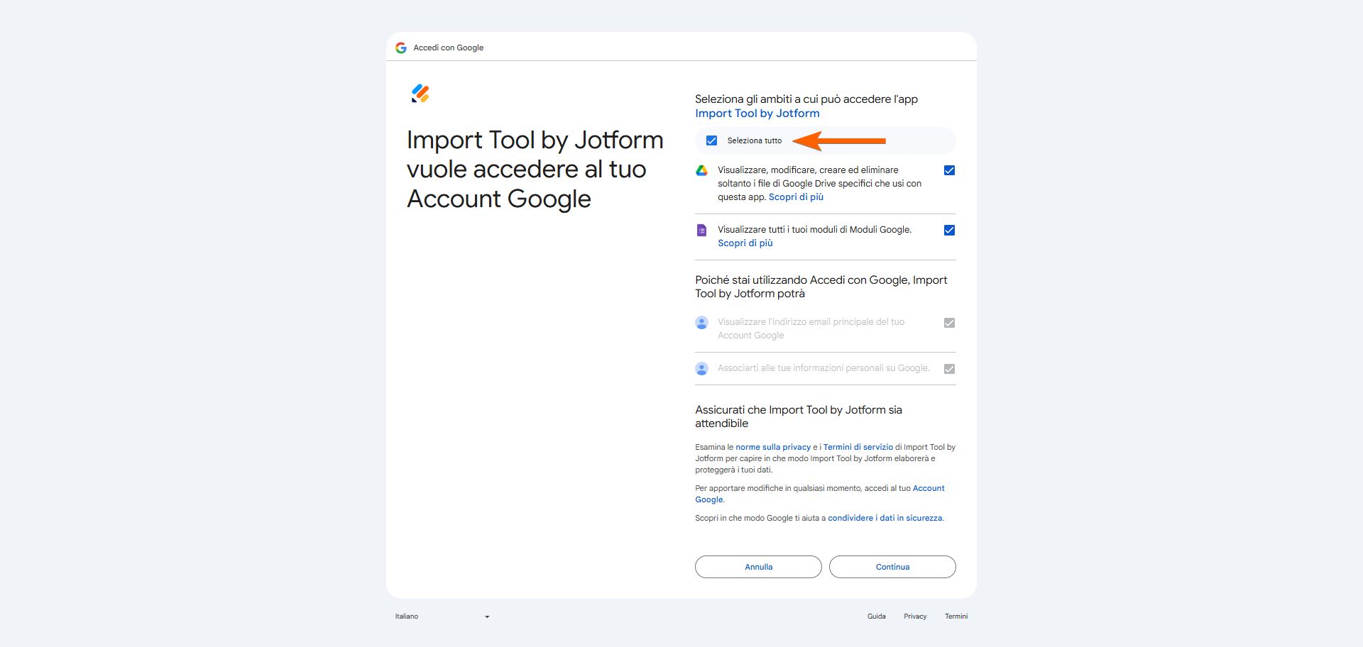 Screenshot della notifica di accesso richiesta dello strumento di importazione di Jotform con una freccia che punta alla cesella Seleziona tutto