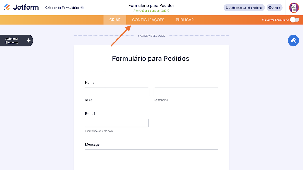 Criador Jotform com a aba 'Configurações' destacada em um formulário para pedidos