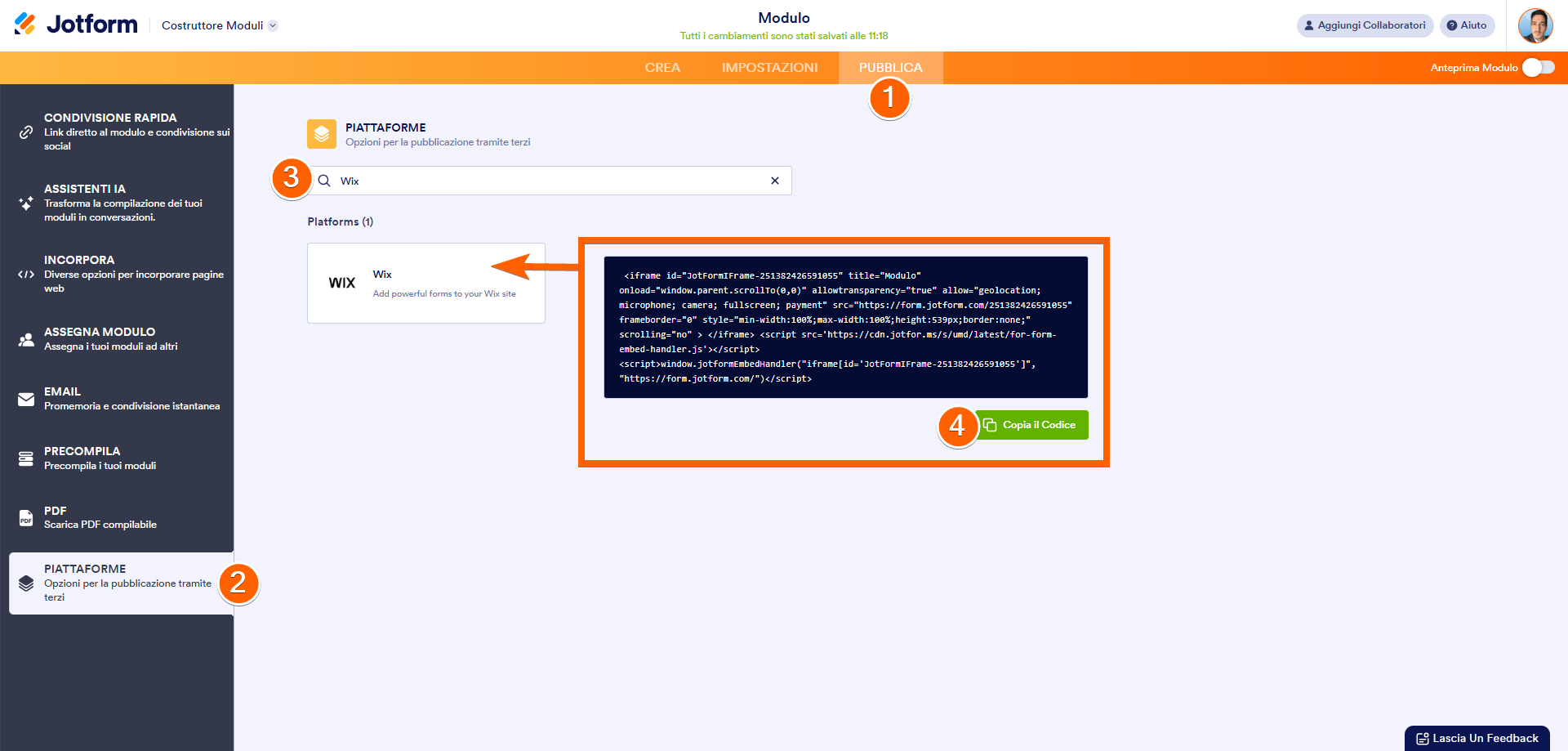Screenshot dei passaggi su come generare un codice di incorporamento per Wix nel Costruttore Moduli di Jotform