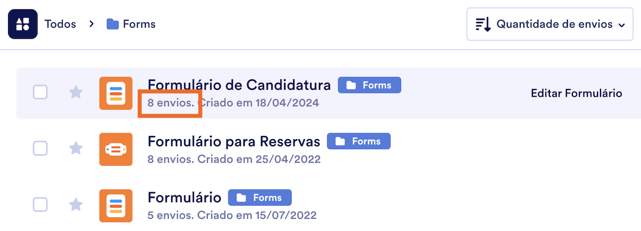 Destacando "8 envios" no Formulário de Candidaturas no Criador de Formulários Jotform